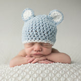 White Trim Baby Blue Sugar Bear Hat Infant Hat Newborn Crochet Baby Hat