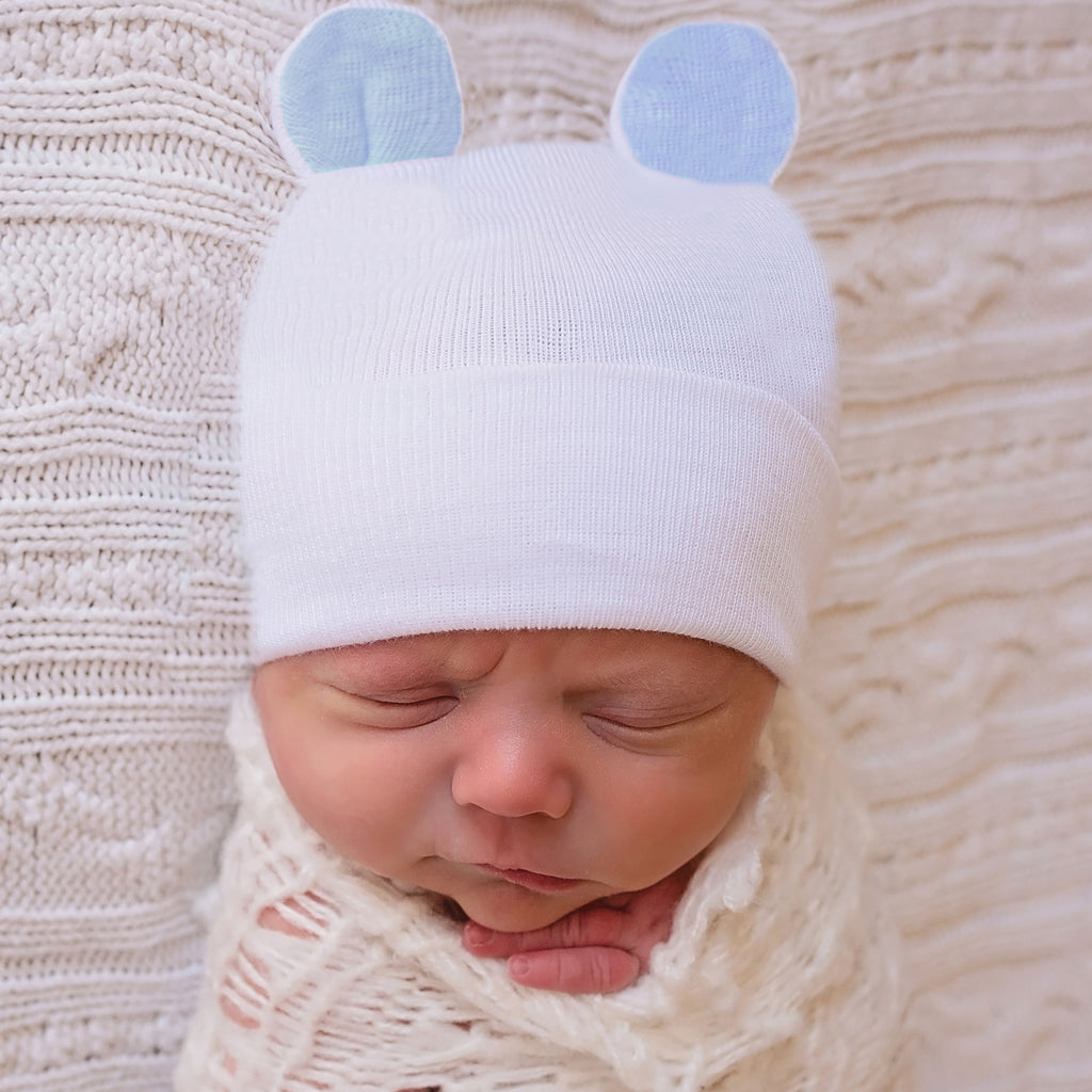 White Newborn Boy Hospital Nursery Beanie Hat With Blue Bear Ears, Infant Hat Newborn Hat