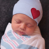 Blue Newborn Beanie Hospital Hat with Red Satin Heart Patch, Infant Beanie Hat For Little Boys