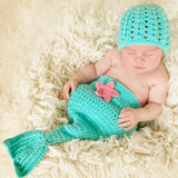 Ocean Blue Mermaid Newborn Crochet Baby Hat and Diaper Cover Tail Set with Pink Starfish, Photography Prop Infant Hat