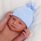 Newborn Boy Hospital Beanie Hat With Striped Baby Blue Pom Pom, Infant Hat Newborn Hat, Light Weight