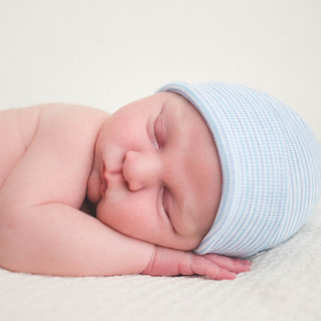 Cool Blue Stripes Baby Boy Hospital Nursery Beanie Hat, Infant Hat Newborn Hat