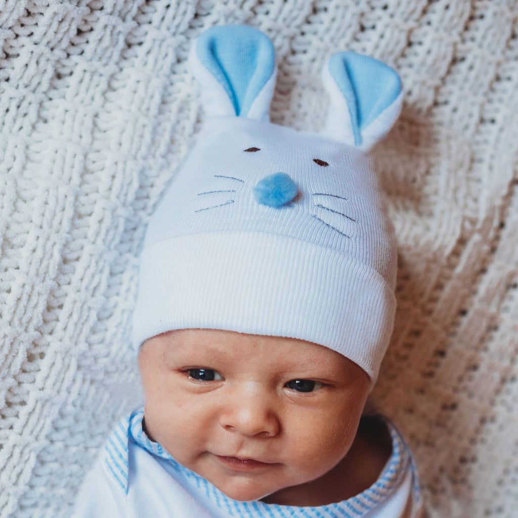 Newborn and Baby Easter Boy Hospital Beanie Hat with Blue Bunny Ears, Blue Infant Hat Newborn Hat