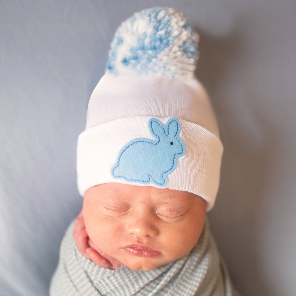 Blue Newborn Baby Beanie Hat With Pom Pom & Pink Bunny Patch, Infant Beanie Hat, Newborn Pom Pom Hat