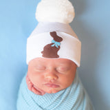 White Newborn and Baby Boy Beanie Hat With Chocolate Bunny Pom Pom, Infant Hat Newborn Hat