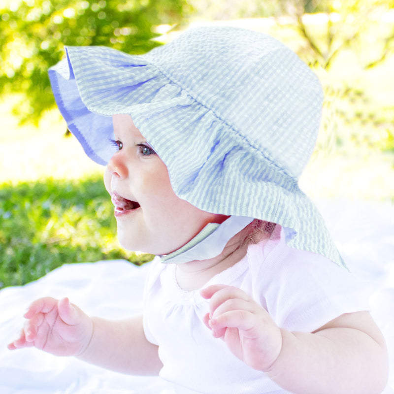Monogrammed Classic Pink or Blue and White Seersucker Ruffle Brim Baby Sun Hat Infant Hat Newborn Summer Hat