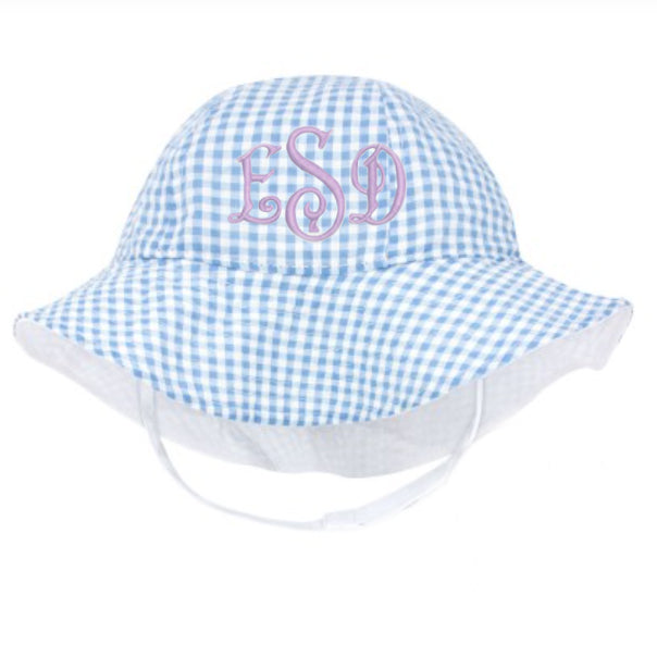 Monogrammed Blue and White Gingham Baby Girl Sun Hat Infant Hat Newborn Summer Hat