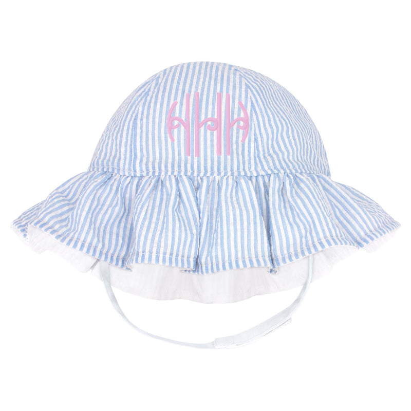 Monogrammed Classic Pink or Blue and White Seersucker Ruffle Brim Baby Sun Hat Infant Hat Newborn Summer Hat