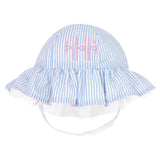 Monogrammed Classic Pink or Blue and White Seersucker Ruffle Brim Baby Sun Hat Infant Hat Newborn Summer Hat