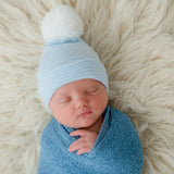 Wide Pink and White Striped Newborn Baby Girl Hospital Beanie with White Pom Pom Hat Infant Hat Newborn Hat (personalization optional)