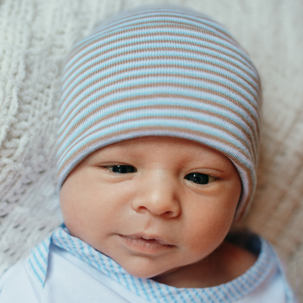 Blue, Tan and White Striped Newborn Baby Hospital Beanie Hat, Infant Beanie Hat