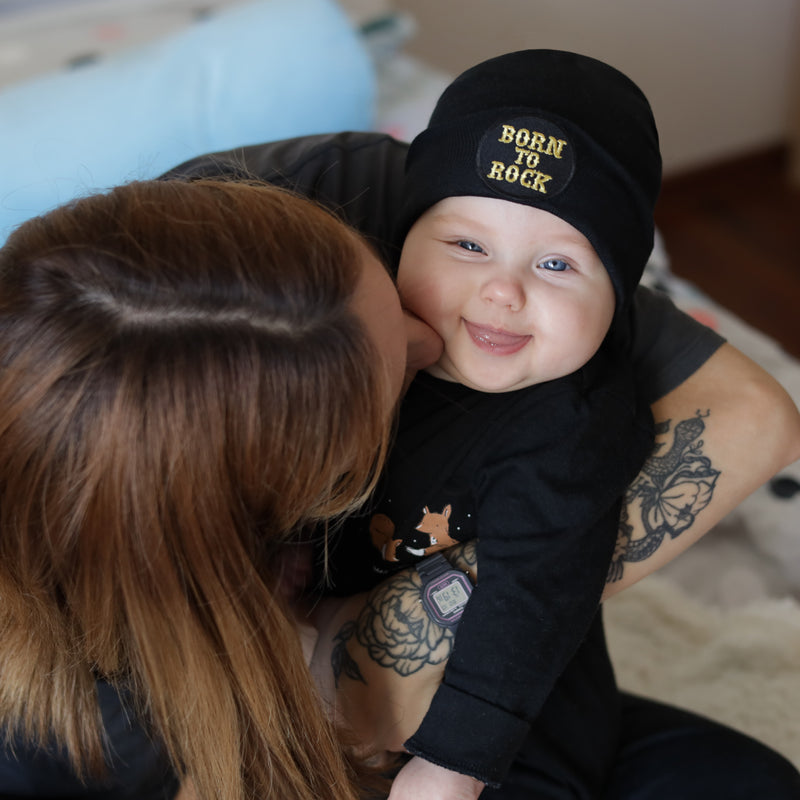 Newborn Baby Boy or Girl Beanie Hat with Born To Rock Patch - Gender Neutral - Black Color Newborn Hat Infant Hat