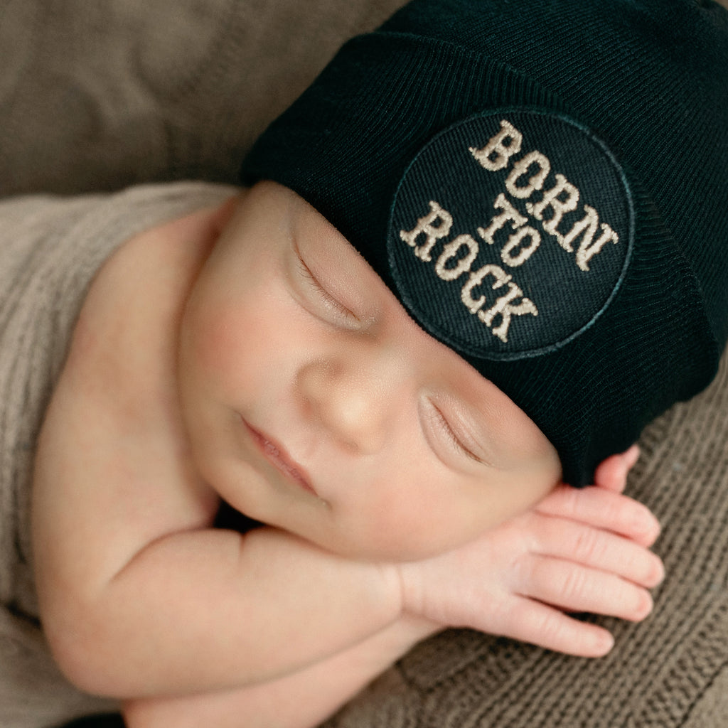 Newborn Baby Boy or Girl Beanie Hat with Born To Rock Patch - Gender Neutral - Black Color Newborn Hat Infant Hat