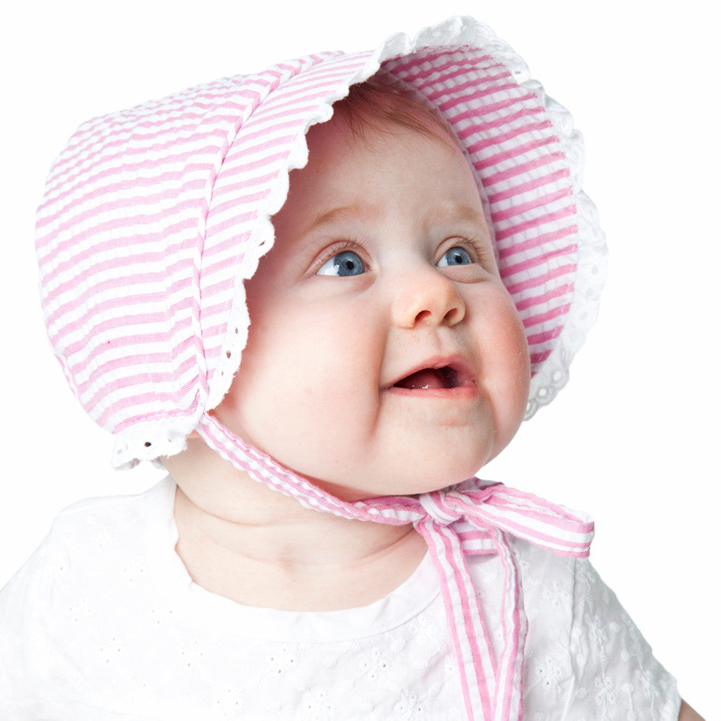 Pink and White Seersucker Girl's Bonnet with Eyelet Trim Baby Bonnet - Monogram Optional Newborn Sun Hat Infant Summer Hat