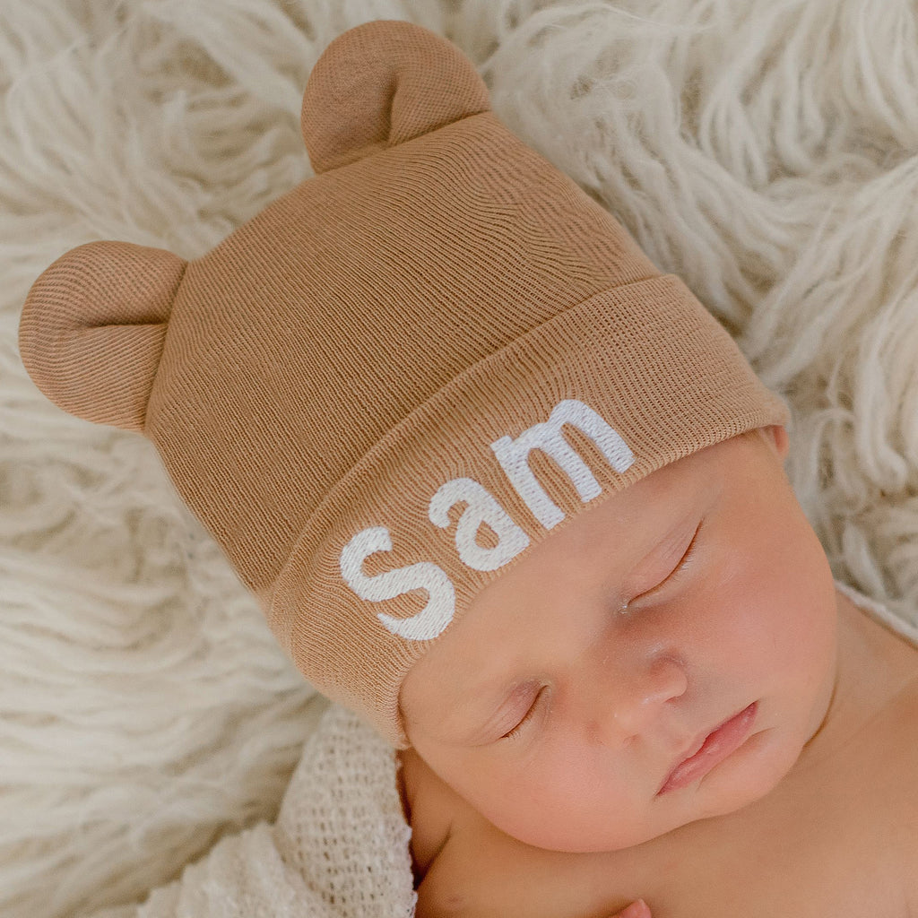 Personalized Newborn Baby Boy Hospital Nursery Beanie Hat With Bear Ears, Infant Hat, Tan Color