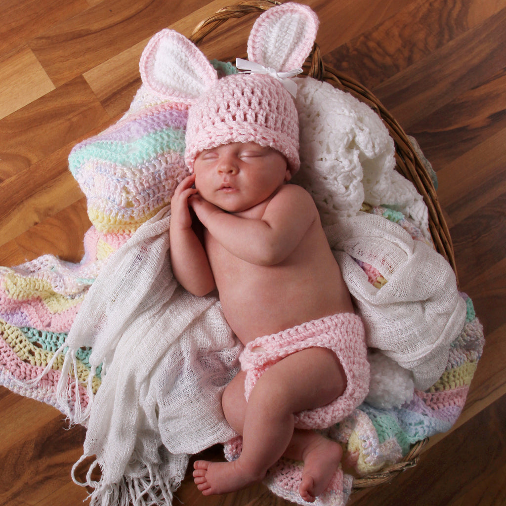Pink Cottontail Newborn Girls Crochet Bunny Hat and Diaper Cover Set,  Newborn Baby Girls Take Home Outfit