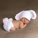 White and Soft Pink Baby Girls Pom Pom Bunny Crochet Baby Hat and Diaper Cover Set