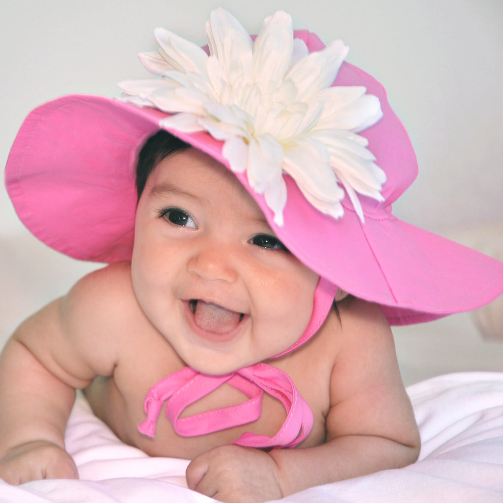 Pink Wide Brim Sun Hat with White Flower Daisy Sun Hat - Removable Flower Newborn Baby Sun Hat Summer Hat