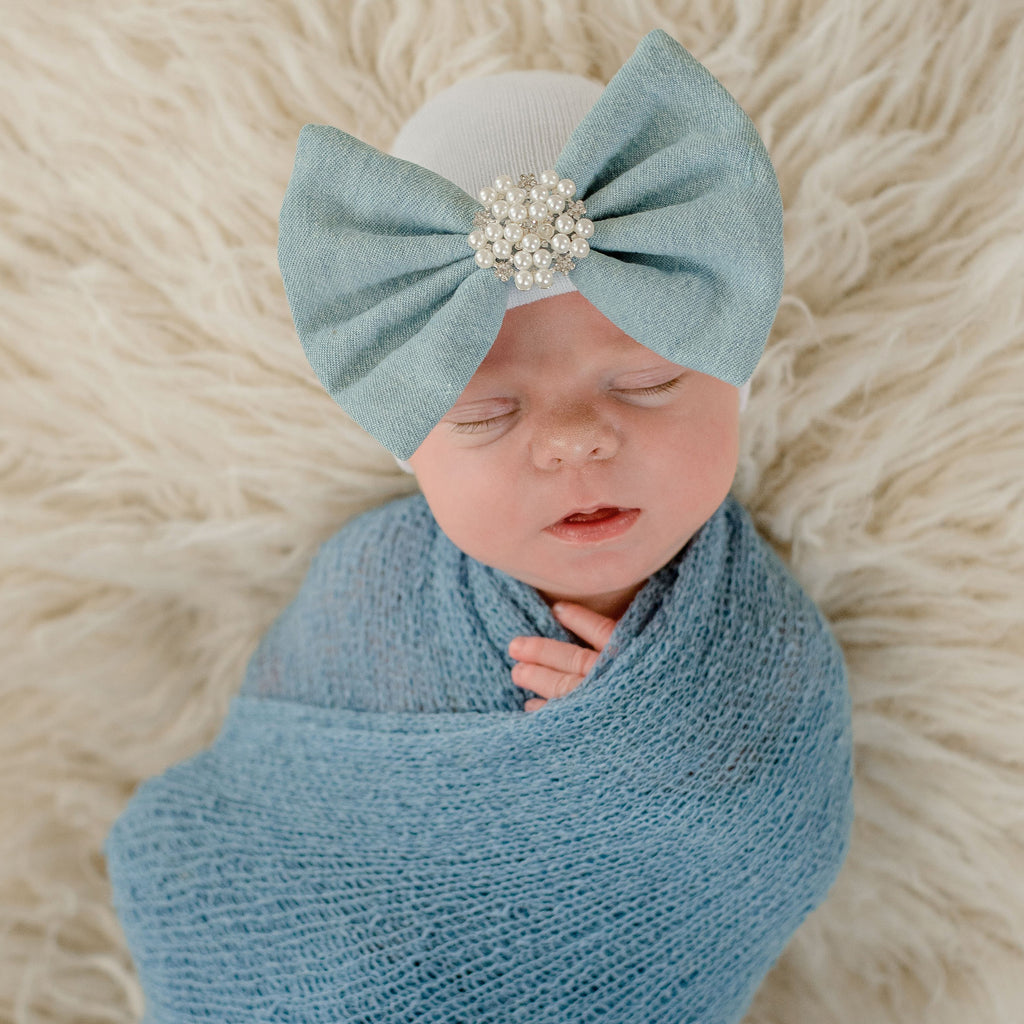 White Newborn Baby Girl Hospital Beanie Hat With Chambray Denim Bow and Pearl With Rhinestone Center