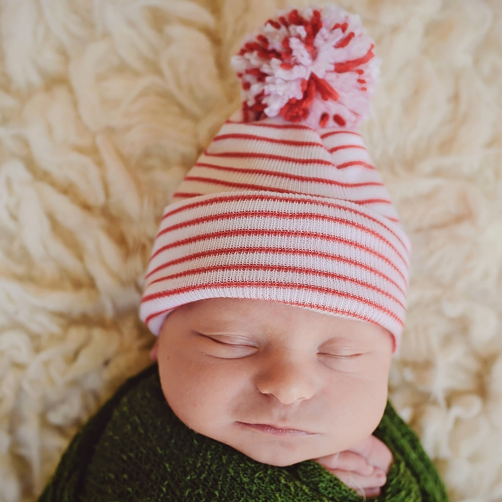 Christmas Candy Cane Striped Baby Hospital Beanie Hat with Mixed Red & White Pom Pom, Infant Hat Newborn Hat