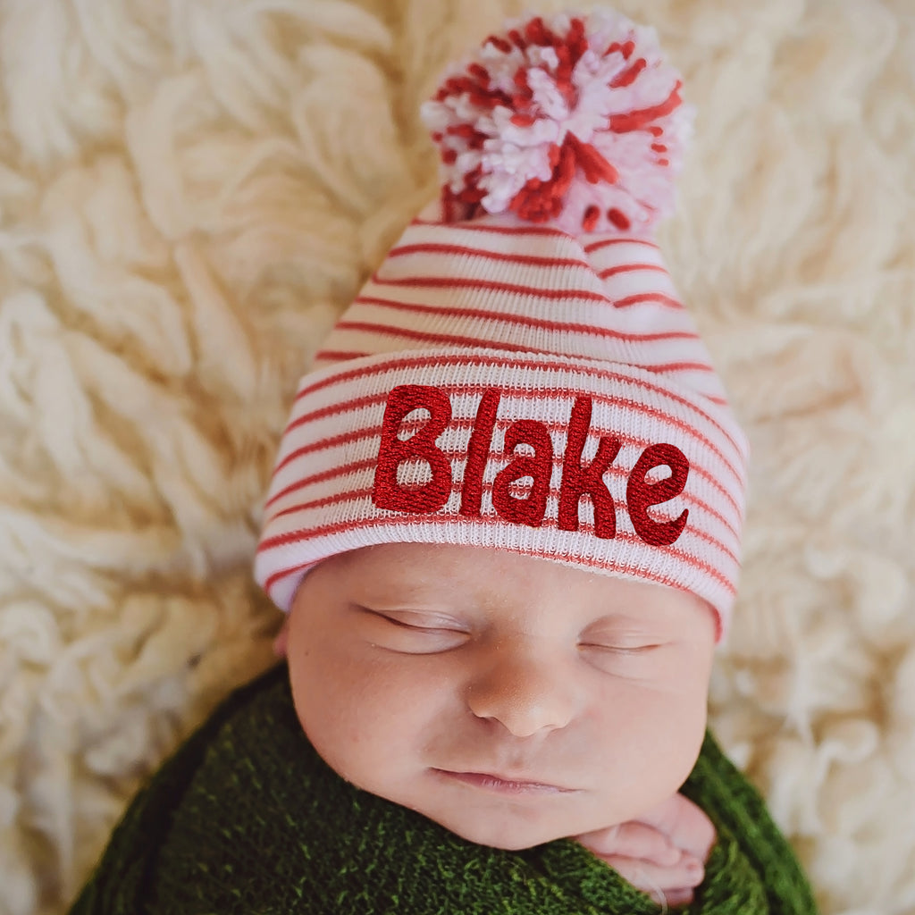 Christmas Candy Cane Striped Baby Hospital Beanie Hat with Mixed Red & White Pom Pom, Infant Hat Newborn Hat