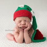 Red Green and White Striped Christmas Stocking Hat with Pom Pom Infant Winter Hat Newborn Crochet Baby Hat