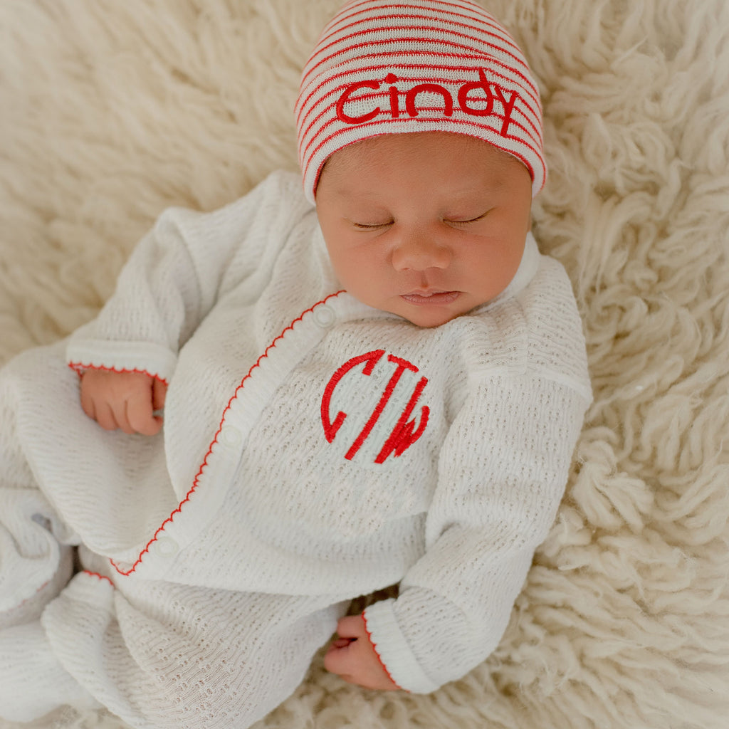Red & White Monogrammed Newborn Boys and Girls Take Me Home Outfit - Beanie Hat and Footie Set