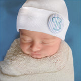White Newborn Boy Hospital Nursery Beanie Hat With Blue Seersucker Covered Button Initial Infant Hat Newborn Hat