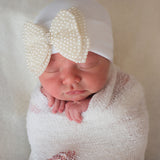Newborn Baby Girl Hospital Nursery Beanie Hat Pearl Bow, White Color Infant Hat Newborn Hat