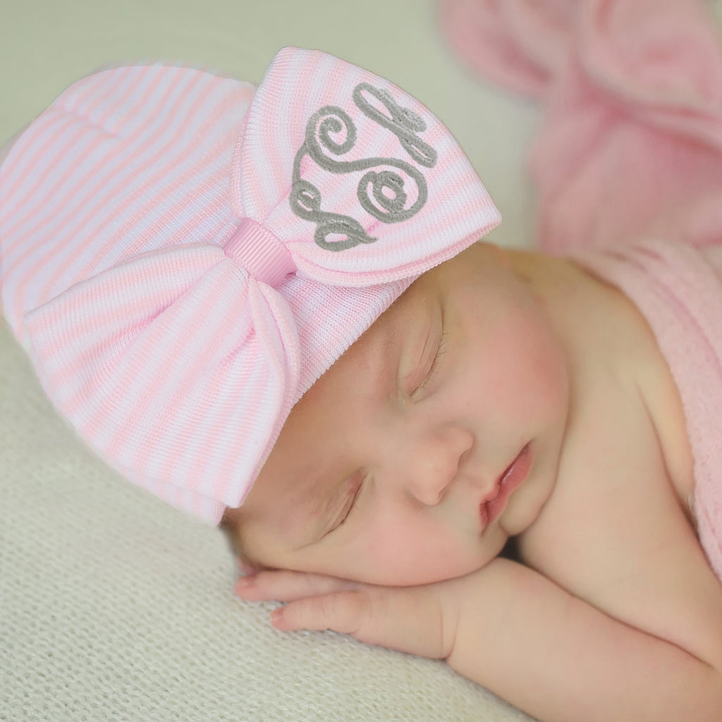 Newborn Baby Girl Hospital Nursery Beanie Hat With Wide Purple (OR Pink) and White Striped Bow & Monogrammed Initials