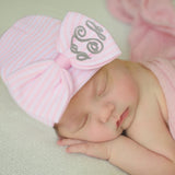 Newborn Baby Girl Hospital Nursery Beanie Hat With Wide Purple (OR Pink) and White Striped Bow & Monogrammed Initials