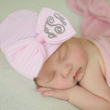 Newborn Girl Hospital Beanie Hat With Wide Pink (Or Purple) and White Striped Bow & Monogrammed Initials Nursery