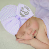 Newborn Girl Hospital Beanie Hat With Wide Pink (Or Purple) and White Striped Bow & Monogrammed Initials Nursery