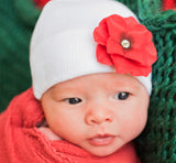 Red Christmas Hydrangea Flower on Newborn Baby Girl Hospital Hat, White Color Newborn Hat Infant Hat