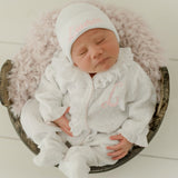 Newborn Girl's Footie Set with Personalized Hat, White Initial Letter, Eyelet Trim Puffed Sleeve Newborn Take Home Outfit