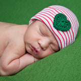 Red and White Striped Christmas Newborn Hospital Beanie Hat with Green Crocheted Heart - Gender Neutral Crochet Baby Hat