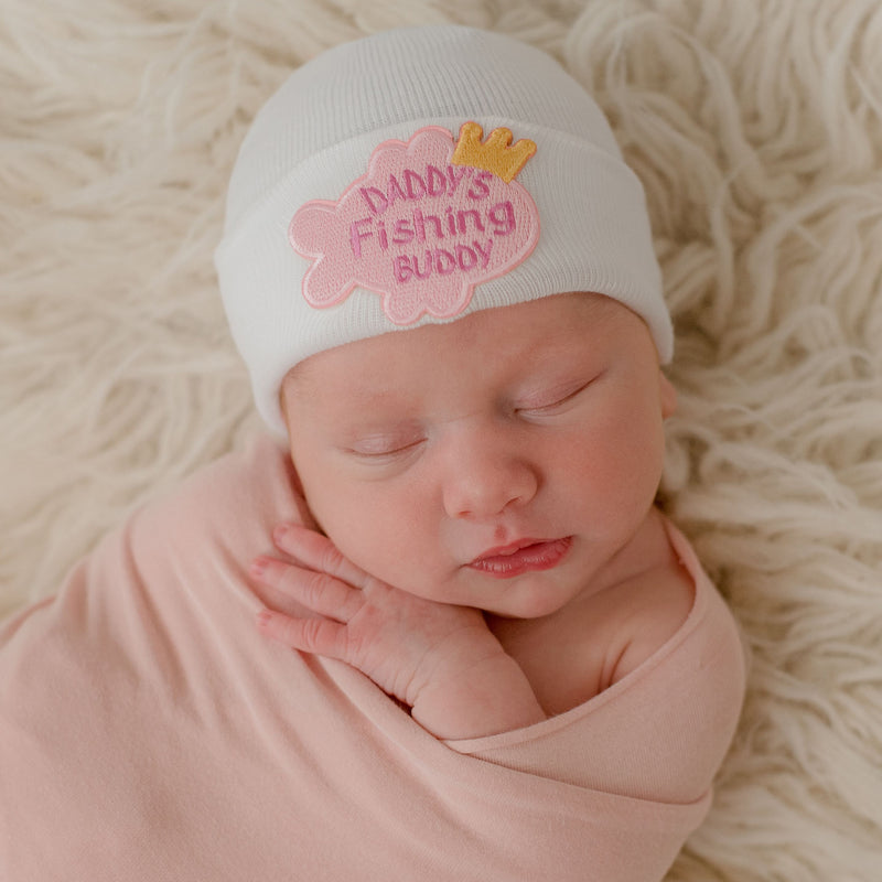 Newborn Baby Girl Hospital Beanie Hat with Pink Daddy's Fishing Buddy Patch, White Color Infant Hat Newborn Hat