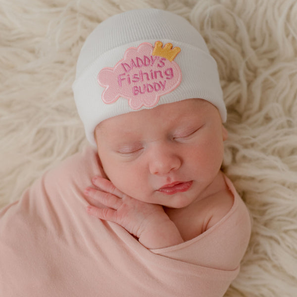 Newborn Baby Girl Hospital Beanie Hat with Pink Daddy's Fishing Buddy  Patch, White Color Infant Hat Newborn Hat