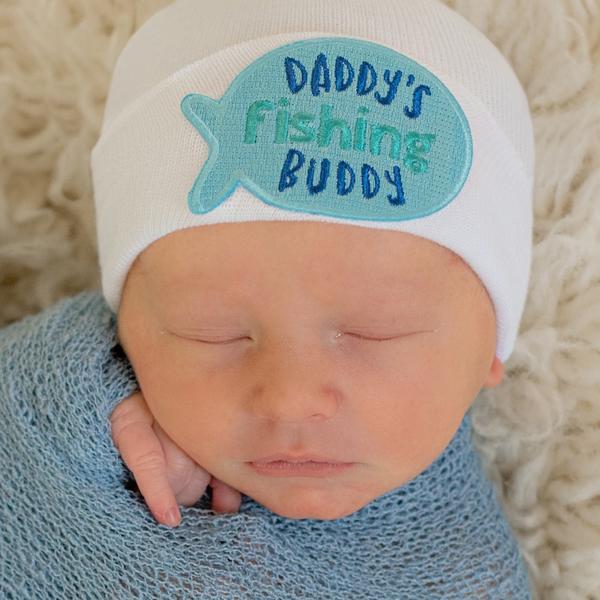 Newborn Boy Hospital Beanie Hat with with Daddy's Fishing Buddy Patch, White Color Infant Hat Newborn Hat