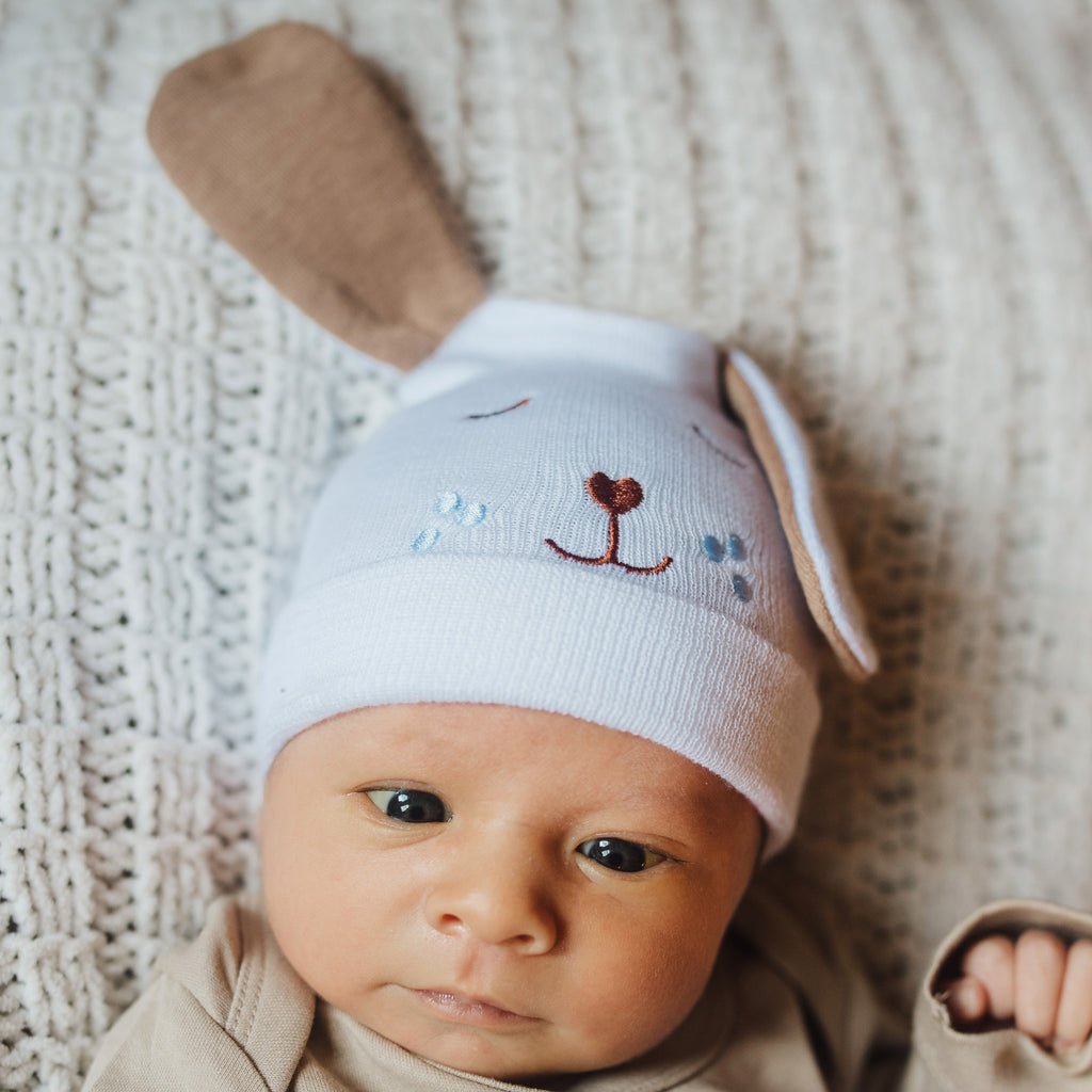 Newborn Baby Puppy Dog Face Hospital Beanie Hat with Doggy Ears, Newborn Hat Infant Hat, Gender Neutral, White
