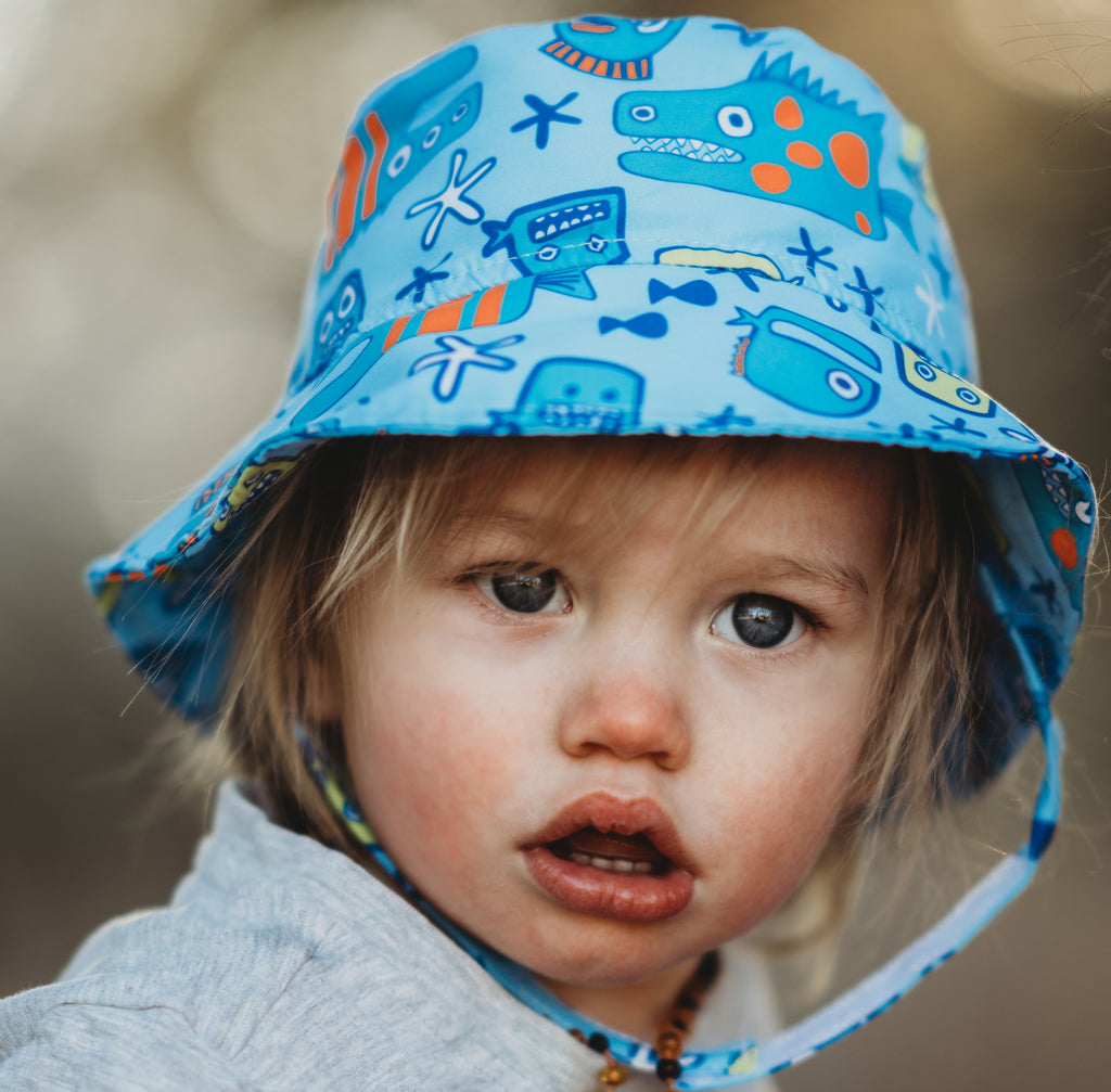 Monster Fish Blue Boys Bucket Sun Hat - Baby and Toddler Boy Sun