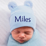 Personalized Newborn Baby Boy Hospital Beanie Hat With Fuzzy Bear Ear, White Color Infant Hat Newborn Hat