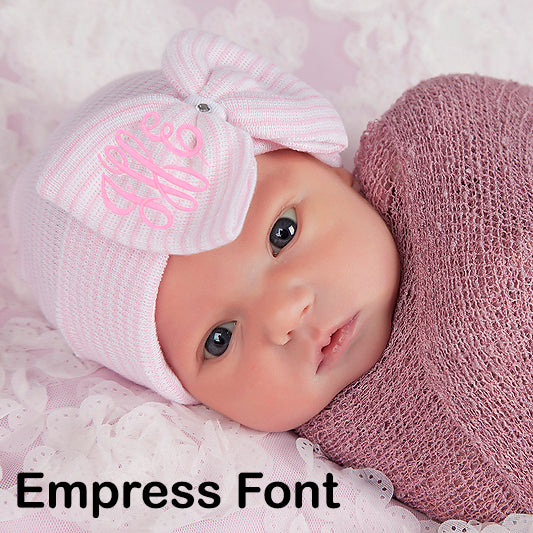 Personalized Pink and White Striped Newborn Baby Girl Nursery Beanie Hat With Big Bow and Gem Infant Beanie Hat