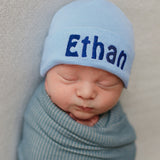 Personalized Blue Newborn Baby Boy Hospital Beanie Hat with Blue Lettering Infant Hat Newborn Hat