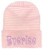 Pink & White Striped Personalized Newborn Girl Hospital Beanie Hat with Pink Letters, Pink and White Stripes