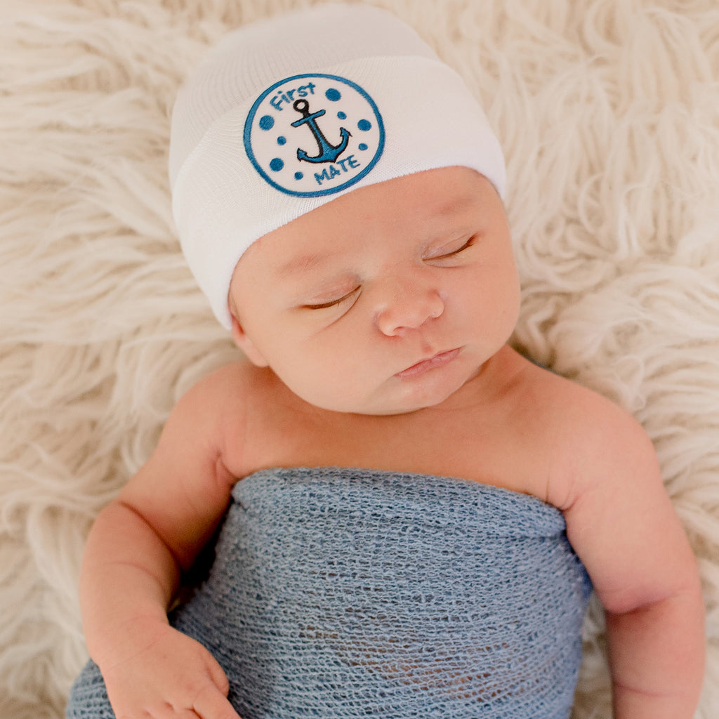White Newborn Baby Boy Hospital Beanie Hat with First Mate Patch, Infant Hat Newborn Hat