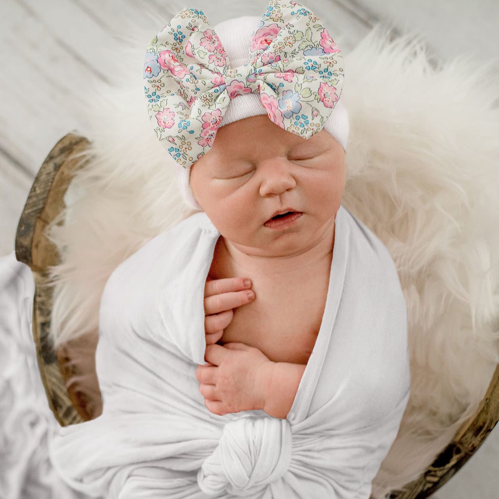 White Newborn Baby Girl Hospital Beanie Hat with Spring Floral Bow and White Swaddle Blanket for Newborn Girls
