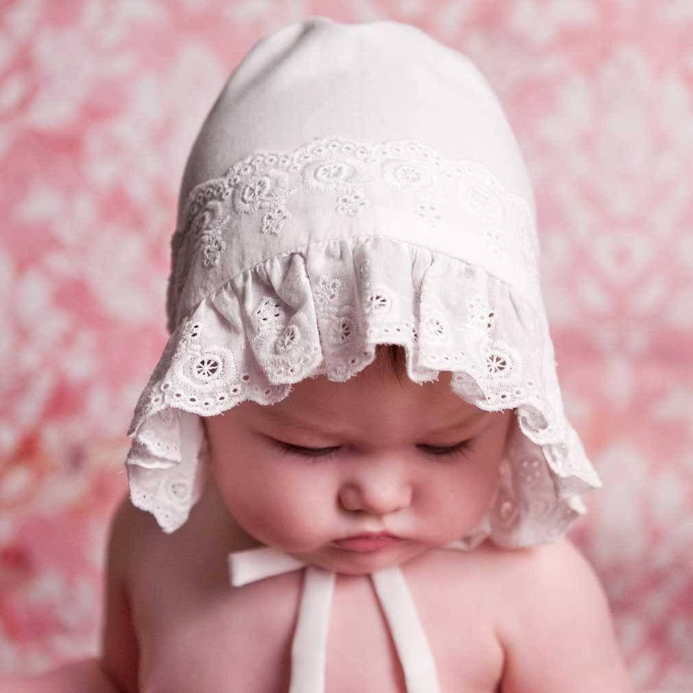 White Flower Eyelet Baby Girl's Bonnet - Monogram Optional Infant Hat Newborn Baby Sun Hat