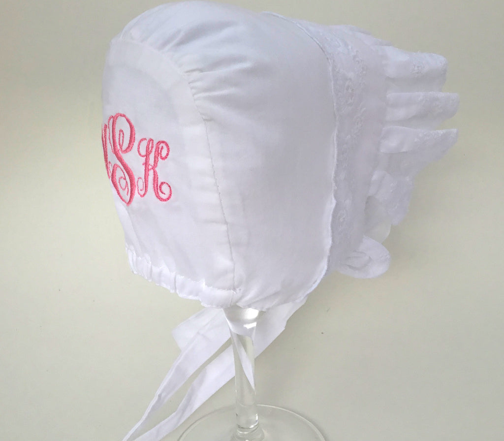 White Flower Eyelet Baby Girl's Bonnet - Monogram Optional Infant Hat Newborn Baby Sun Hat