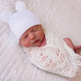 White Gender Neutral Newborn Boy or Girl Hospital Nursery Beanie Hat with Fuzzy Bear Ears, Infant Hat Newborn Hat